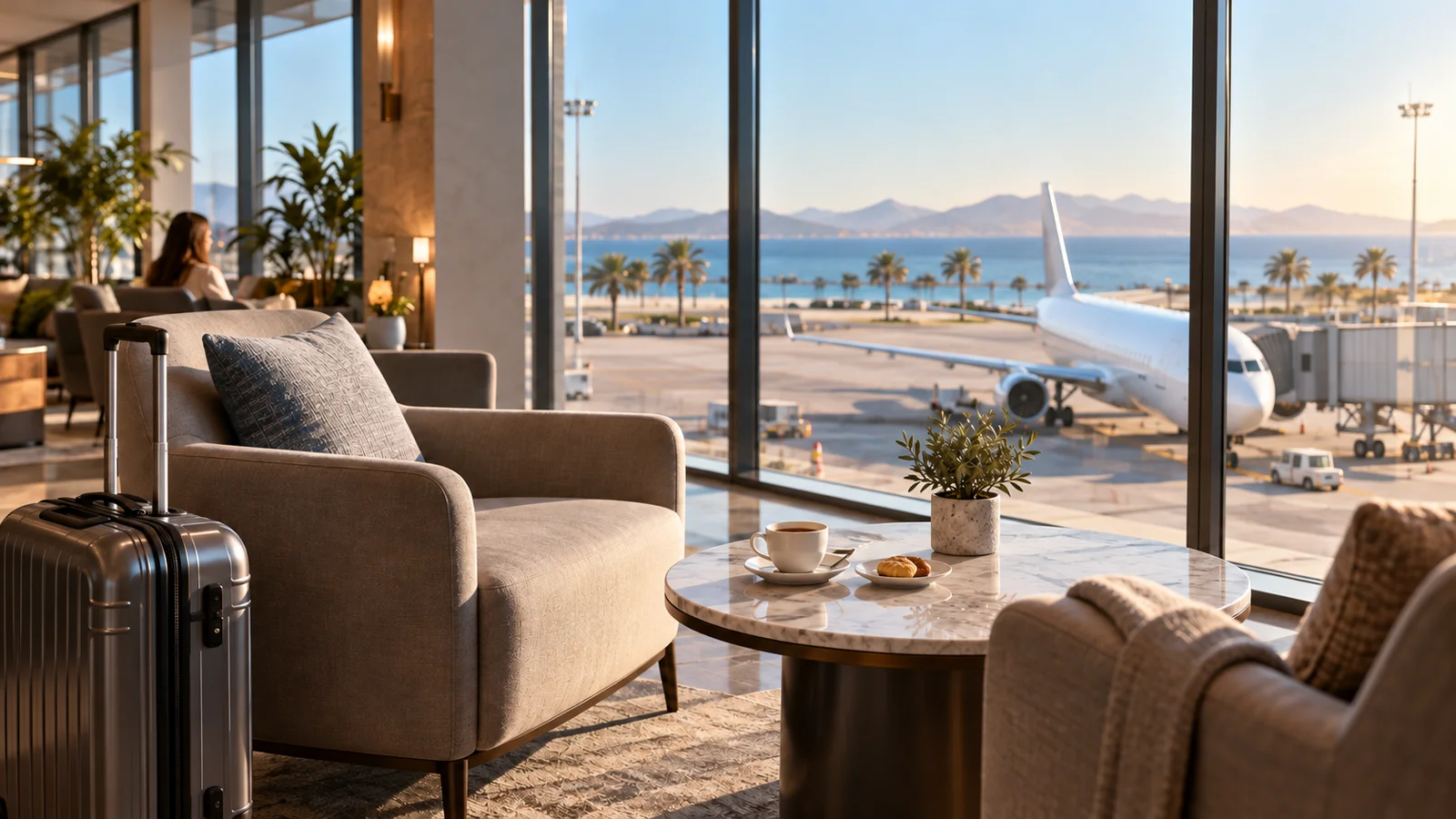 Illustrative airport lounge with comfortable seating, a suitcase and an aircraft beyond the windows