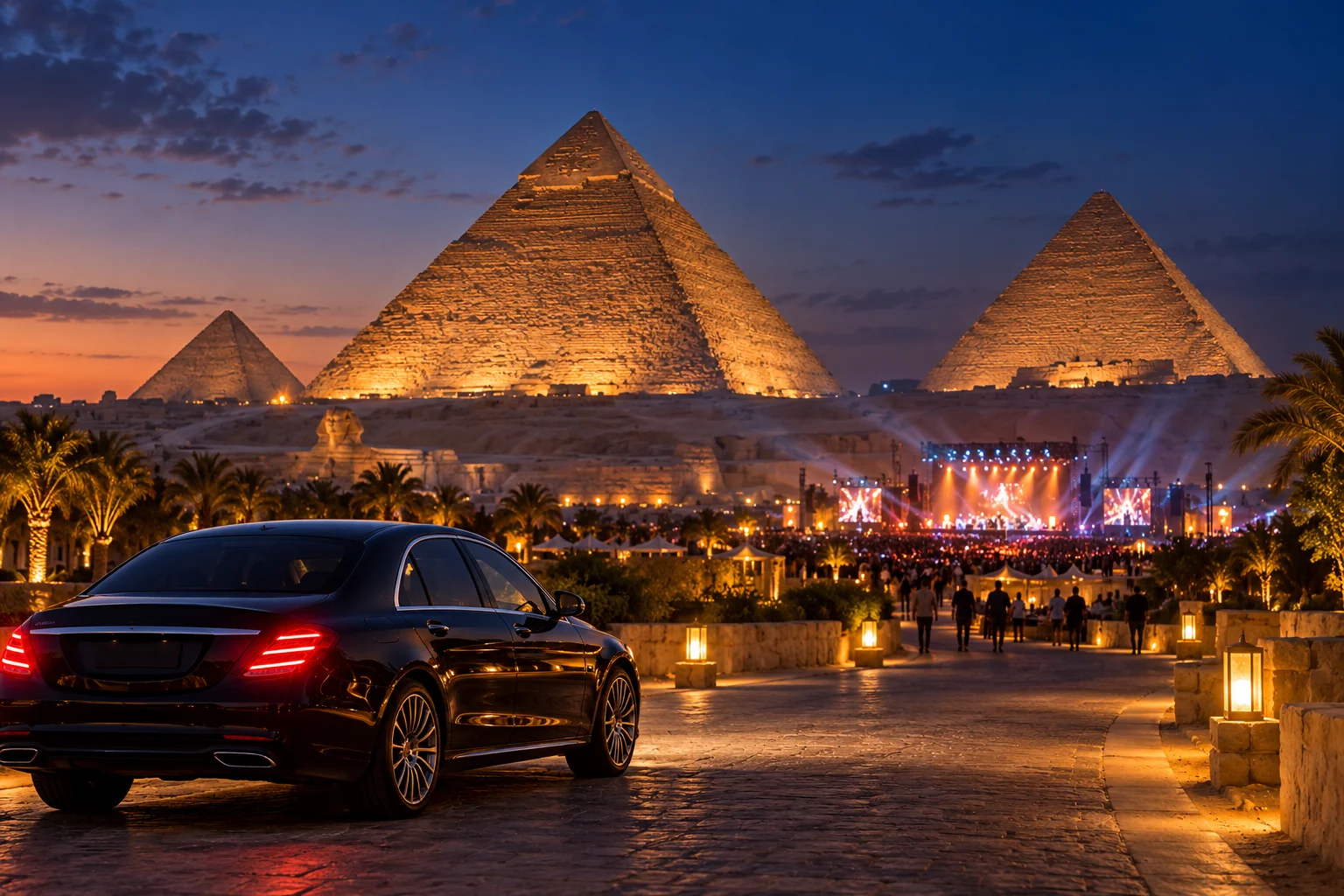 Illustration of an evening concert near the Pyramids of Giza with a private transfer car in the foreground