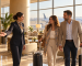 Illustration of an airport host welcoming two travelers with luggage at a premium lounge entrance