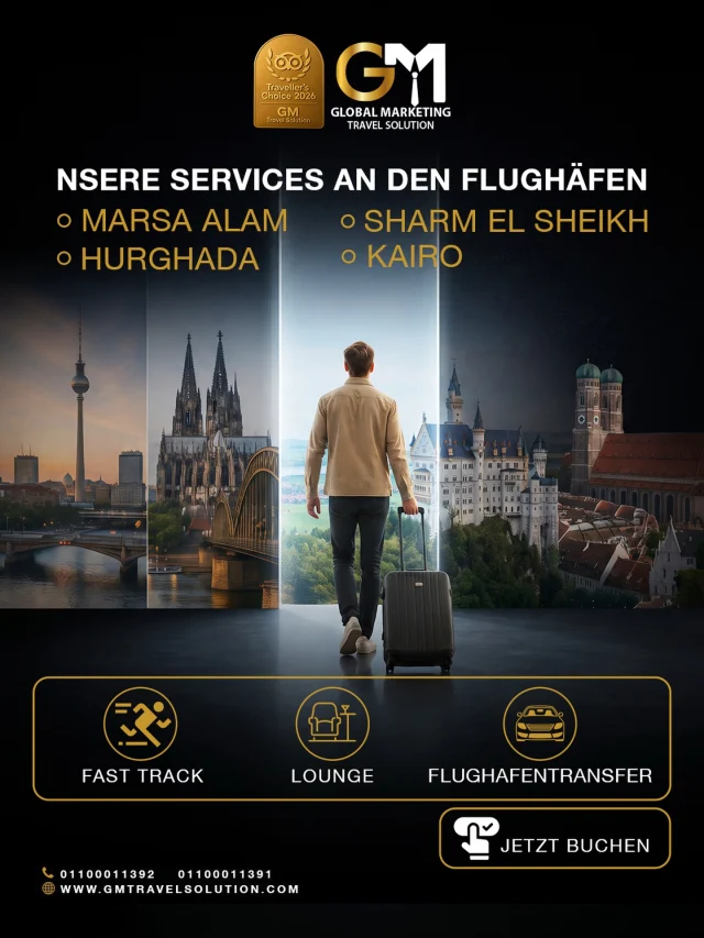 Von Deutschland nach Ägypten – Ihr Urlaub beginnt mit der Ankunft 

Für Buchungen unserer Services kontaktieren Sie uns jetzt.

WhatsApp :
https://wa.me/201100011391

Die offizielle Website:
https://gmtravelsolution.com/de/our-services/

#GMTravelSolution #VIPLounge #AirportLuxury #LuxuryTravel #BusinessTravel ClassATravel LoungeAccess