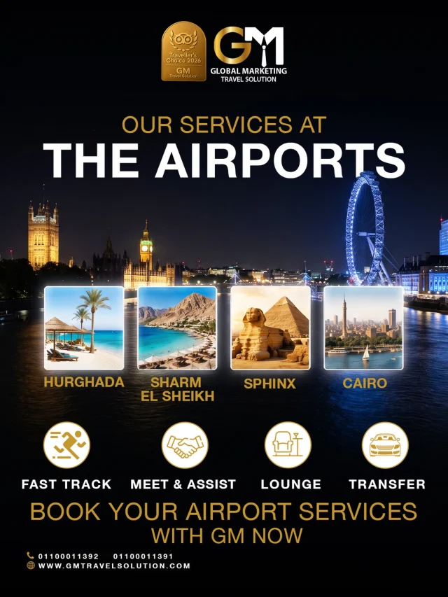 Your journey from the UK to Egypt starts the moment your plane lands.

To make your airport experience easier and more comfortable, we provide fast track services personal meet and assist, access to luxury lounges, and comfortable transfers.

Book your airport services now to ensure a smooth start to your holiday.

Official Website :
https://gmtravelsolution.com/our-services/

WhatsApp :
https://wa.me/201100011391
https://wa.me/201100011392

#GMTravelSolution #VIPLounge #AirportLuxury #LuxuryTravel #BusinessTravel ClassATravel LoungeAccess